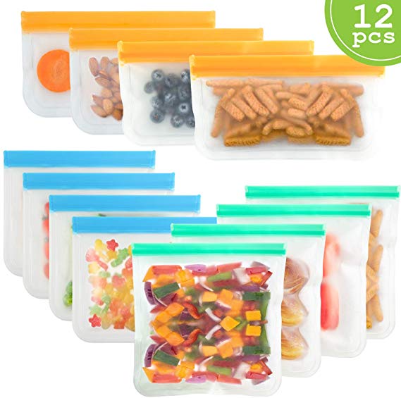 12 Pack Reusable Snacks & Sandwich Bags, Leakproof Ziploc Kids Food Storage Bag FDA Grade for Fruits, Snacks, Lunch, Toiletries, Make-up