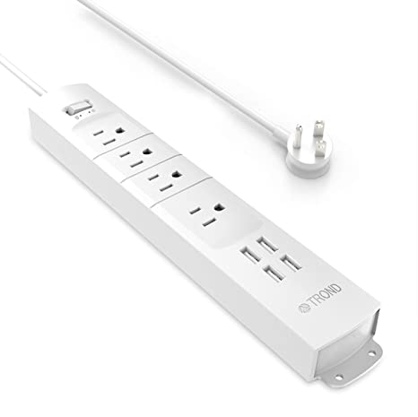 Power Strip with USB, TROND Surge Protector with 4 Outlets & 4 USB Ports, Flat Plug, 3ft Short Cord, Wall Mount, Compact and Slim for Home Office Desktop Nightstand Kitchen, White