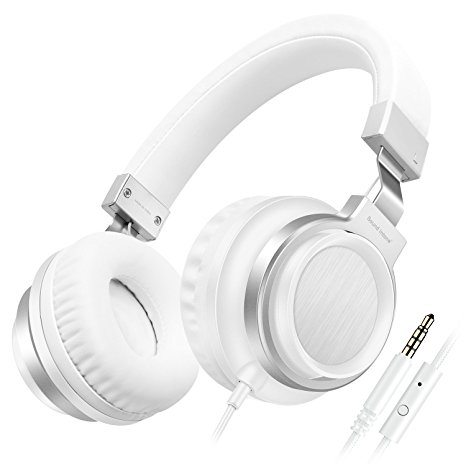 Sound Intone I8 Bass Stereo Headphones with Microphone Adjustable Over-Ear Headsets for iPhone/iPad/iPod/Android Smartphones (White)