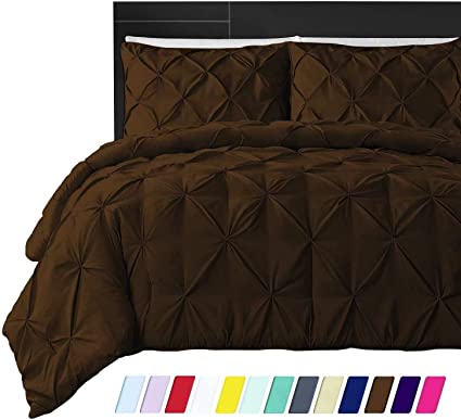 JOYSLEEP Pinch Pleated Duvet Cover 1 Piece 100% Egyptian Cotton 800 Thread Count with Zipper Closure and Corner Ties, Queen/Full (90" x 90") Size, Solid Chocolate