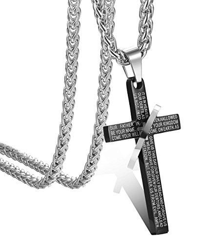 FIBO STEEL Stainless Steel Mens Womens Cross Necklace Lord's Prayer Pendant 24 inches, 3 Colors Available