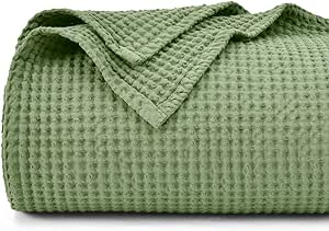 PHF 100% Cotton Waffle Weave Blanket Queen Size 90" x 90" -Lightweight Washed Soft Breathable Blanket Perfect for Summer - Great Blanket Layer for Couch Bed Sofa - Loden Green