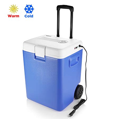 BESTEK Car Fridge, Wheeled Electric 30L Cooler and Warmer Portable Refrigerator with DC 12V Vehicle Plug for Truck Party, Travel, Picnic, Camping Outdoor Use (Blue)