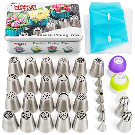 Russian Piping Tips Set 56 pcs Russian Flower Tips Cake. Include 21 Russian Cake Tips, Russian Ball Frosting Tips, Icing Tips Nozzles, Couplers. Best Cake Decorating Tips Cake Decorating Supplies