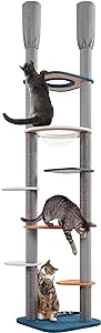 Yaheetech Cat Tree, 6-Tier Floor to Ceiling Cat Tree Tower w/Adjustable Height 241-262cm, Acrylic Clear Bowl, Platform with a Cut-Out Hole, 6 Scratching Posts, Tall Climbing Tree for Cats Family