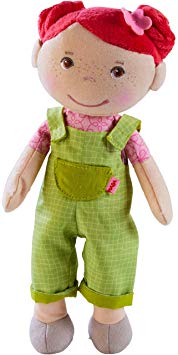 HABA Snug Up Dorothea - 10" Soft Doll with Fuzzy Red Hair, Embroidered Face and Removable Green Overalls (Machine Washable) for Ages 18 Months