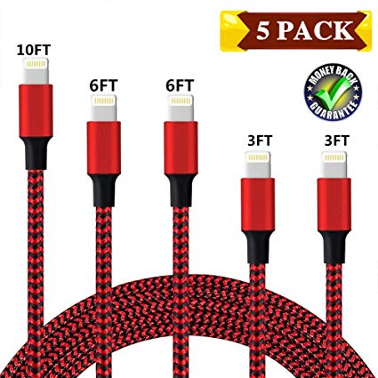 iPhone Charger, 5 Pack(3FT/3FT/6FT/6FT/10FT) Lightning Charging Cable, Multi Safety Defense, Nylon Braided, Ultra Durable,for iPhone X 8 7 Plus 6S 6 SE 5S 5C 5/iPad 2 3 4 Mini and more-Black&Red