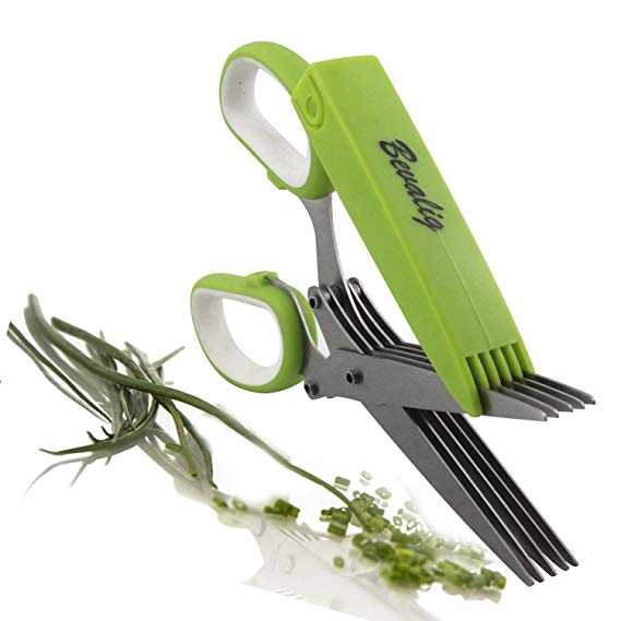 Bevalig Herb Scissors - Snip, Chop & Cut Herbs - 5 Blades Stainless Steel Multipurpose Kitchen Shear with Cover & Cleaning Comb, Premium Cooking Gadget for a Healthy Meal