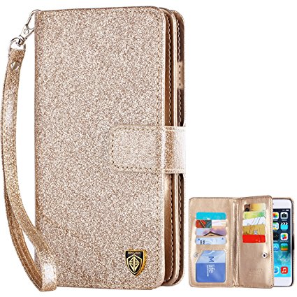 iPhone 6S Case, iPhone 6 Case, BENTOBEN Glitter iPhone 6S Wallet Case Sparkle Flip Faux Leather Credit Card Holder Cash Pockets Wristlet Magnetic Protective Case for iPhone 6 / 6S (4.7 Inch), Gold