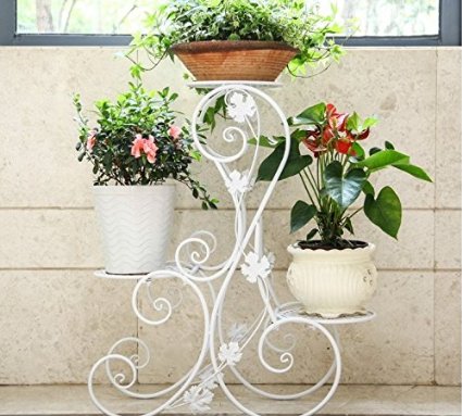Dazone® 3-Tiered Scroll Decorative Metal Garden Patio Standing Plant Flower Pot Rack Display Shelf Holds 3-Flower Pot (3 tier Whie)