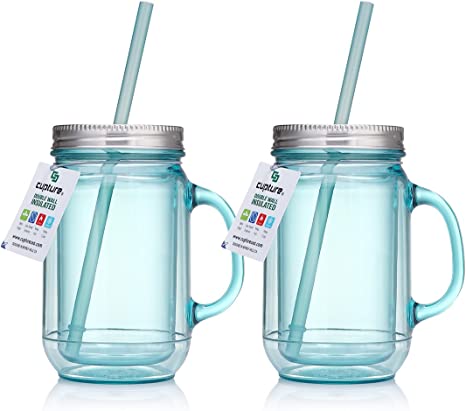 Cupture 2 Vintage Blue Mason Jar Tumbler Mug with Stainless Steel Lid and Straw - 20 oz