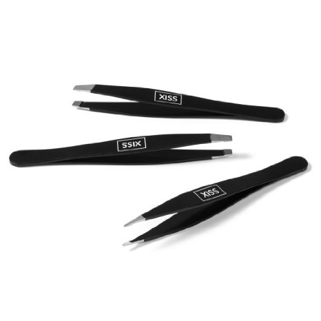1 Tweezer Set  FREE Leather Case - 3 black Professional Quality Premium Stainless Steel Tweezers - Slant Point Flat tip  Perfect for ingrown hair and splinters