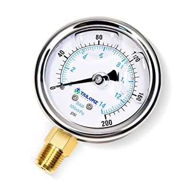 Tailonz Pneumatic 1/4" NPT 2.5" FACE DIAL Stainless Steel （0~200Psi）Liquid Filled Pressure Gauge WOG Water Oil Gas Lower Mount