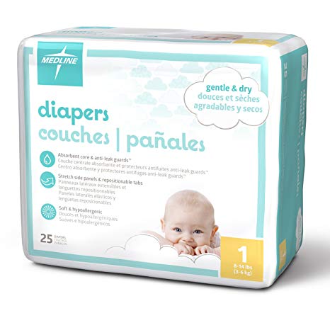 Medline MBD2001Z Baby Diapers, Size 1, 8–14 lb. (Pack of 25)