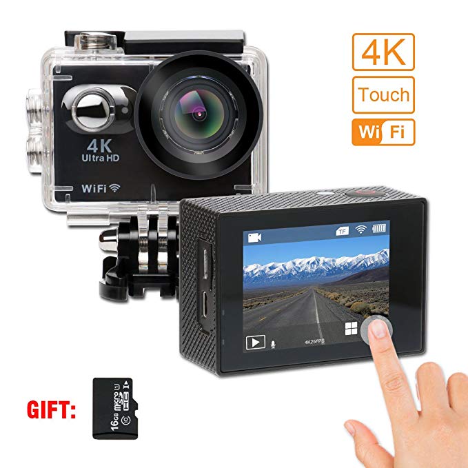 SHISHUO 4K WiFi Action Camera - 2 Inch Touch Screen Waterproof Sports Cam 12MP 170 Degree Wide Angle and Accessories Kits (16 GB Micro SD Card included)