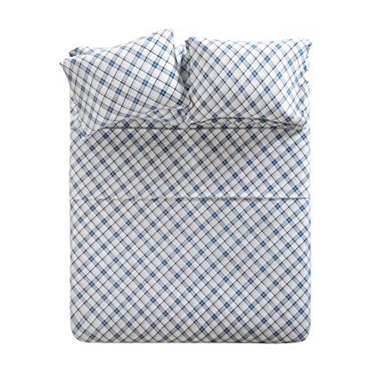 100% Cotton Flannel Sheets Set - Soft Plaid Twin Bed Sheet with Deep Pocket - Blue Bedding Sets 4 Pieces [ 1 Fitted Sheet,1 Flat Sheet, and 2 Pillow Cases ] Twin Size Sheets