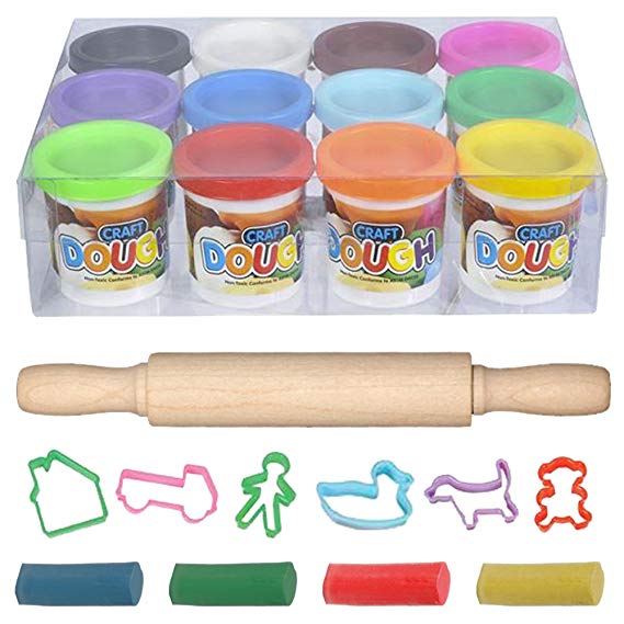 ArtCreativity Dough Non-Toxic Creativity Play Set with 12 Vibrant Colors Clay, 6-Shape Cutters and 7.5-Inch Rolling Pin, Great Modeling Clay Playset for Kids
