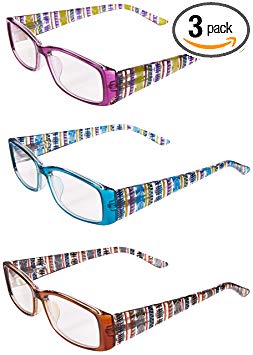 Inner Vision Women's 3-Pack Printed Stripe Reading Glasses Set w/Spring Hinges - Choose Your Magnification (2.0 x, Purple/Blue/Brown)