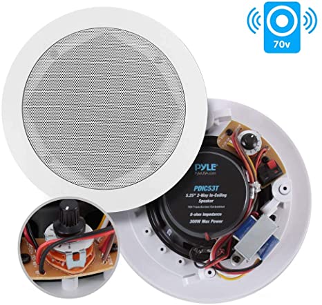 Ceiling and Wall Mount Speaker - 5.25” 2-Way 70V Audio Stereo Sound Subwoofer Sound with Dome Tweeter, 300 Watts, In-Wall & In-Ceiling Flush Design for Home Surround System - Pyle PDIC53T (White)