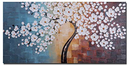 Wieco Art Blooming life Large Modern Stretched and Framed White Flowers Artwork 100% Hand Painted Floral Oil Paintings on Canvas Wall Art Ready to Hang for Living Room Bedroom Home Decorations L