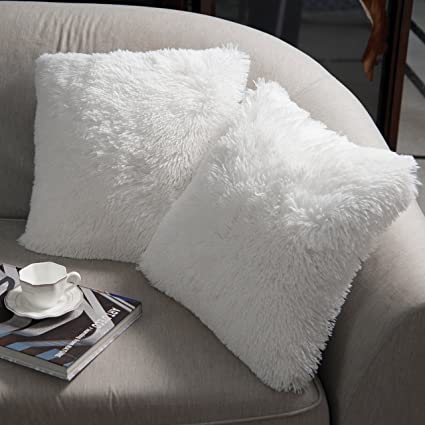NordECO HOME Fluffy Cushion Covers Faux Fur Throw Pillow Cover Soft Square Decorative Pillow Covers Cuddly Throw Pillowcases for Sofa Bedroom Livingroom, 45 x 45 cm, 18 x 18 inch, Set of 2, White