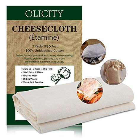 Olicity Cheesecloth, Grade 90, 18 Sq Feet, 100% Unbleached Cotton Fabric Ultra Fine Muslin Cloths for Butter, Cooking, Strainer, Baking, Hallowmas Decorations (Grade 90-2 Yards)
