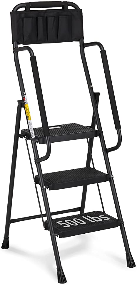 HBTower 3 Step Ladder with Handrails, 500 lbs Folding Step Stool with Attachable Tool Bag & Anti-Slip Wide Pedal for Home Kitchen Pantry Office (3-Step)