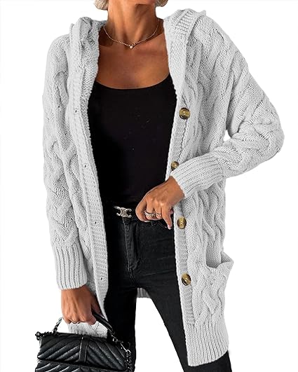 MASCOMODA Women Fall 2023 Oversized Long Sleeve Hooded Chunky Cardigan Sweaters Winter Button Up Cable Knit Sweater Outerwear