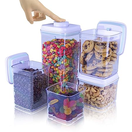 iChewie - BopTop (5pc Set) Airtight Food Storage Container – Mechanical Silicone Seal Canister - BPA-Free Stackable - 2.5Qt/1.5Qt/.9Qt/.85Qt/.5Qt