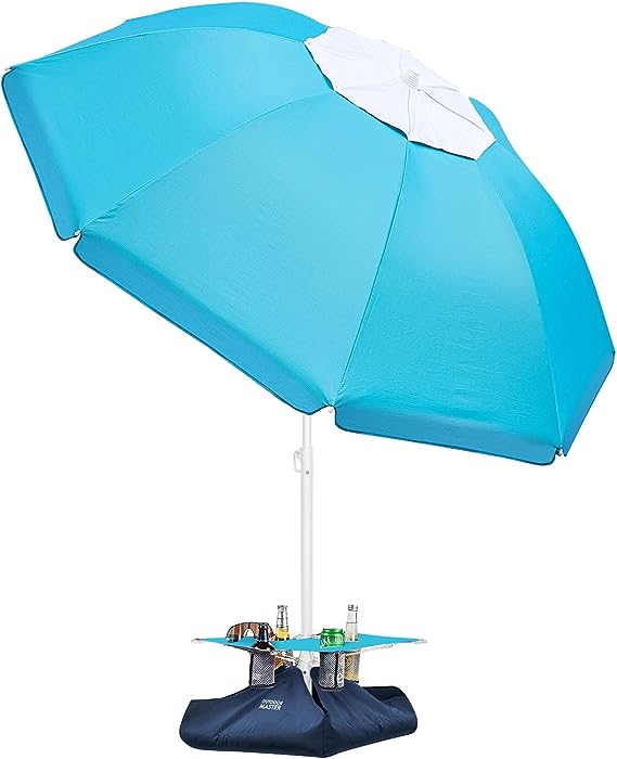 OutdoorMaster Beach Umbrella with Sand Bag - 6.5ft Beach Umbrella with Sand Anchor, UPF 50  PU Coating with Carry Bag for Patio and Outdoor (New Version-Turquoise with Cup Holder)