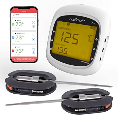 NutriChef Smart Bluetooth BBQ Grill Thermometer w/Digital Display - Stainless Dual Probes Safe to Leave in Outdoor Barbecue Meat Smoker - Wireless Remote Alert iOS Android Phone WiFi App - PWIRBBQ80