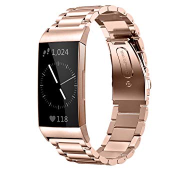 Shangpule Compatible for Fitbit Charge 3 & Charge3 SE Bands, Stainless Steel Metal Replacement Strap Bracelet Wrist Band Accessories for Charge 3 Smart Watch Women Man Large Small (Rose Gold)