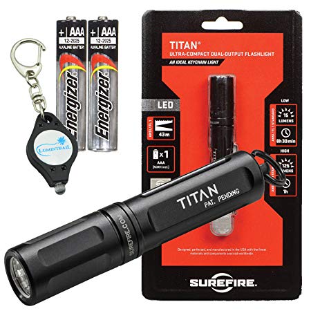 SureFire Titan-A 125 Lumen LED Keychain Flashlight Bundle with 2 Extra Energizer AAA Batteries and Lumintrail Keychain Light