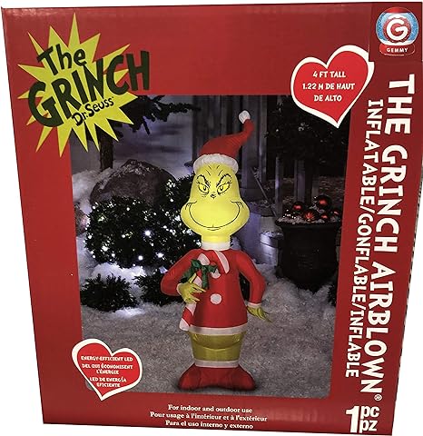 Gemmy 4' Christmas Airblown Inflatable Dr. Seuss Grinch with Candy Cane Indoor/Outdoor Holiday Decoration