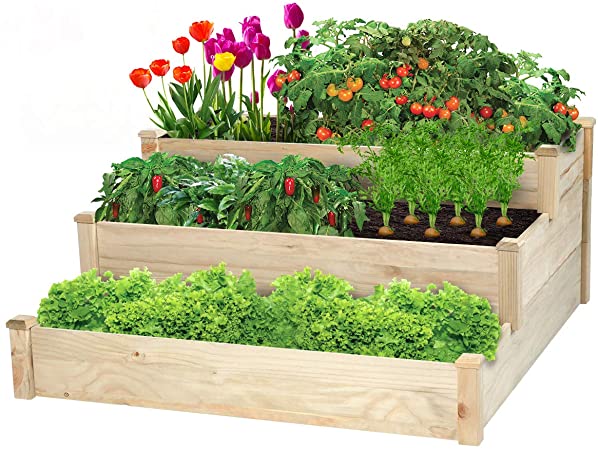 KINGSO 3 Tier Raised Garden Bed Wooden Elevated Planter Box Outdoor Solid Wood Planter Garden Box Kit for Vegetable Flower Herb Gardening Backyard Patio Natural, 49 x 49 x 22 inch