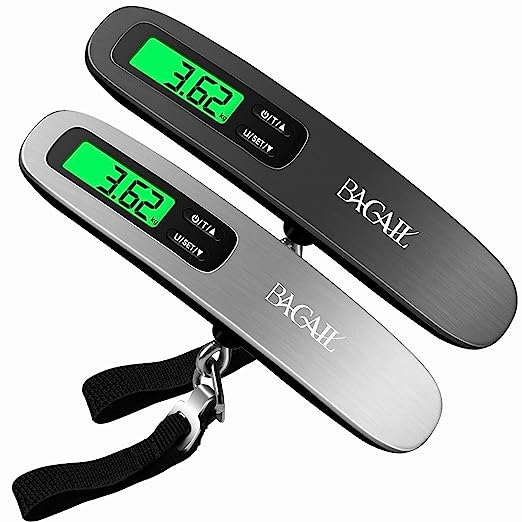 BAGAIL Digital Luggage Scale 2 Set, Hanging Baggage Scale with Backlit LCD Display, Travel Weight Scale, Portable Suitcase Weighing Scale, 110lb/50kg Capacity, Battery Included - Black & Silver