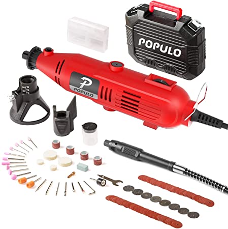 Populo High Performance Rotary Tool Kit with 107 Accessories, 3 Attachments, Variable Speed, Flex Shaft and Universal Collet for Abrasive, Polish, Cutting, Engraving, Drilling and Crafting DIY Project