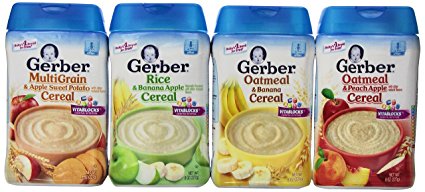 Gerber Baby Cereal Assorted Flavor Variety Pack: Oatmeal & Peach Apple Cereal, Rice & Banana Apple Cereal, Oatmeal & Banana Cereal, MultiGrain & Apple Sweet Potato Cereal. Bundle of 4- 8oz Containers.