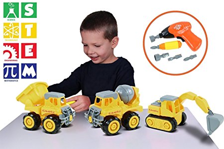 Kidwerkz Construction Vehicle, STEM Learning (Set 68 Pieces), Take Apart Fun (Pack of 3), Dump Truck, Cement Truck & Digger | With Tools and Electric Drill | Best Toy Gift Kids 3-6 yrs-old Boys Girls