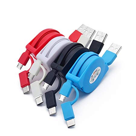Sudroid 4 Pack of Colorful 2 in 1 Retractable PowerLine Micro USB and Type-C Data Cable (3ft) Durable Charging Cable for Samsung, Nexus, LG, Android Smartphones and More