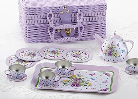 Delton Children's Tin Tea Set in Basket, 15 Pcs, Pansy