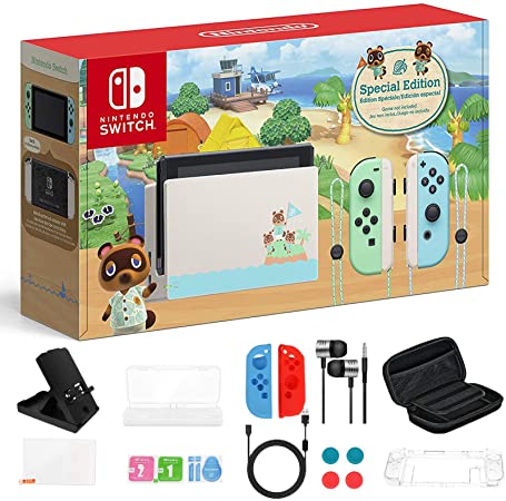 Newest Nintendo Switch 32GB Console, Animal Crossing New Horizons Edition, 6.2" Touchscreen 1280x720 LCD Display, 802.11AC WiFi, Bluetooth 4.1, Bundled with TSBEAU 19 in 1 Carrying Case Accessories