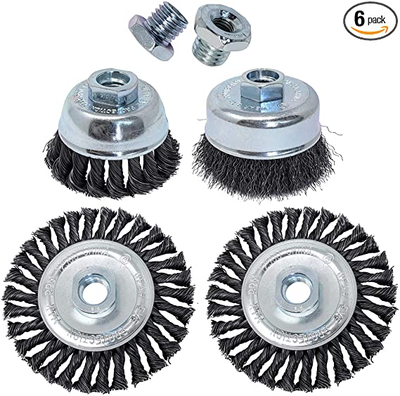 Industrial Wire Brush Kit for Angle Grinder, 5/8-inch Arbor, M10 Adapters, Set of 6