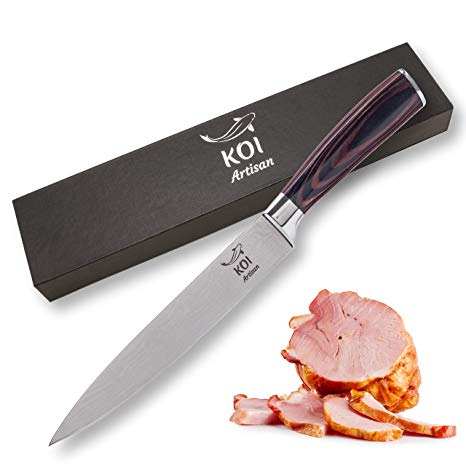 KOI ARTISAN Carving Slicing Knife-7.7 Inch Razor Sharp Blade-Japanese High Carbon Stainless Steel-Stylish Damascus Pattern-Ergonomic Pakka Wood Handle- Stain & Corrosion Resistant