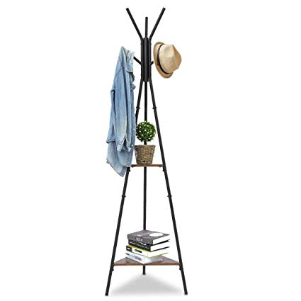 KINGSO Standing Coat Rack, Hall Tree Coat Tree Hat Hanger Holder with 6 Hooks 2 Shelves for Bedroom Office Hallway Entryway