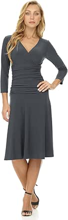 Rekucci Women's Slimming 3/4 Sleeve Fit-and-Flare Crossover Tummy Control Dress