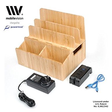 MobileVision Bamboo Charging Station Stand & Multi Device Organizer Charging Dock w/ Extension Compartments for Desktop Storage use w/ Smartphones/Tablets & INCLUDES 4-USB port Charging Strip