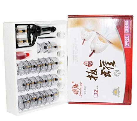 SOJ Chinese Cupping Therapy Set - 32 Plastic Cup Hijama Multipack Kit w Strong Vacuum Suction Gun Pump, Gua Sha Scraping Graston Tool, Massage Oil - Like Silicone, Glass for Facial Body Cellulite Back