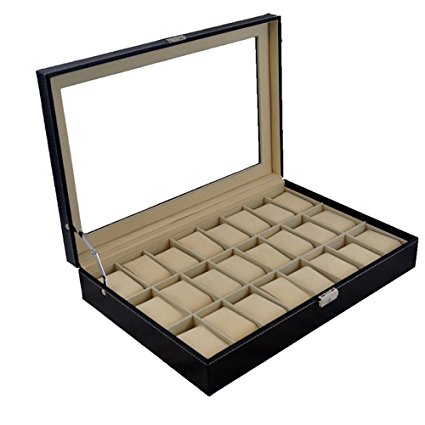 Watch Box Organizer Case, Woodsam (TM) - Jewelry Collection - PU Synthetic Leather & Clear Glass Top - Display Case - High Quality Construction & Durable Material - Protection - Soft Suede Interior