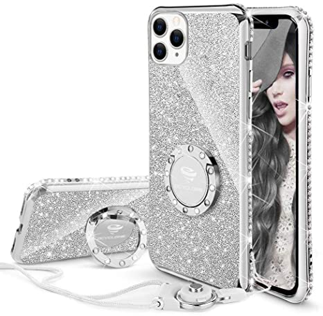 Cute iPhone 11 Pro Case, Glitter Luxury Bling Diamond Rhinestone Bumper with Ring Grip Kickstand Protective Thin Girly Pink iPhone 11 Pro Case for Women Girl [5.8 inch] 2019 - Silver